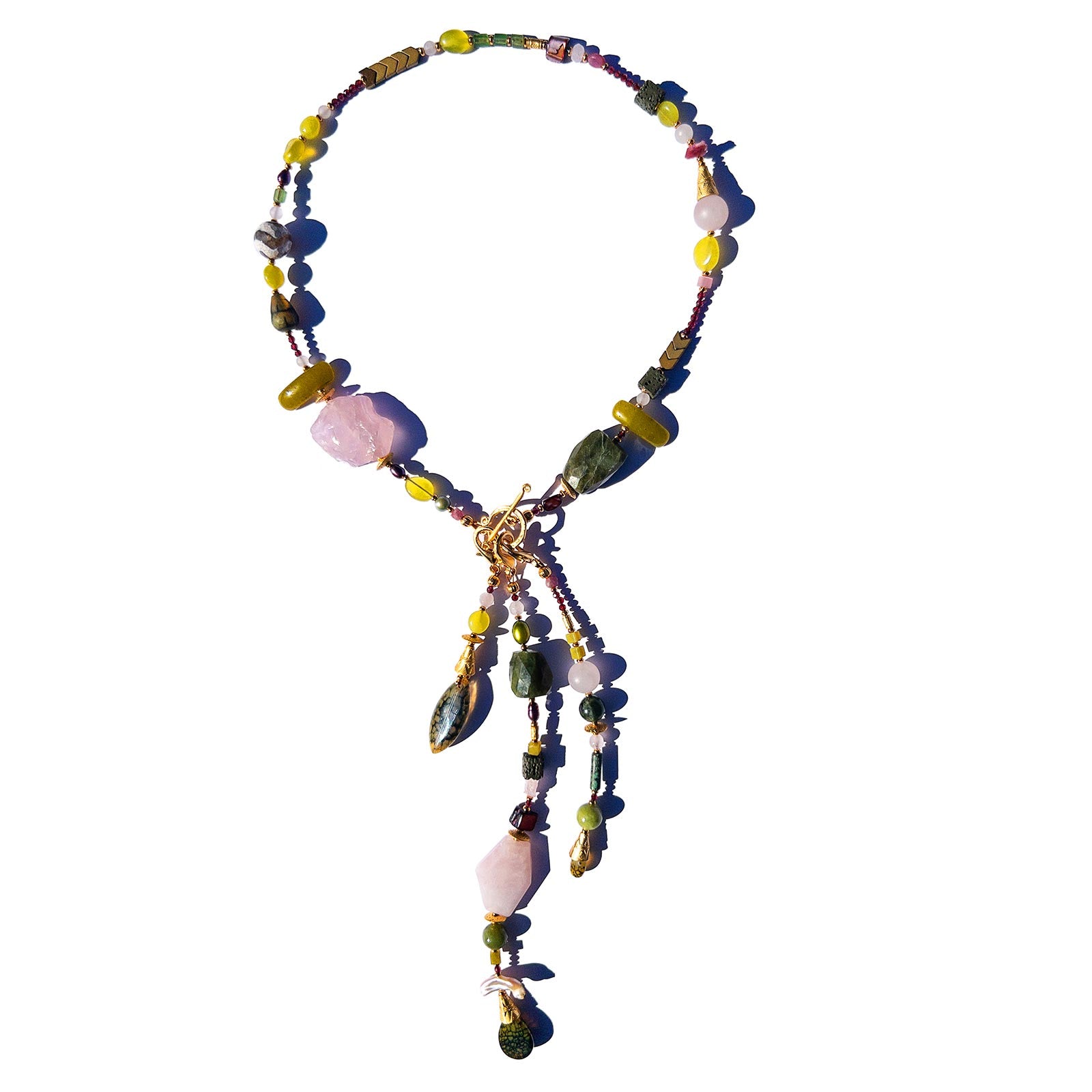N°932 Forest Bathing with a Chance of Rose Quartz & Garnet Statement Necklace